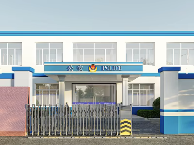 Aerial Planning of Police Station Exterior with White Blue Facade Police Signage and Security Gate 3d model