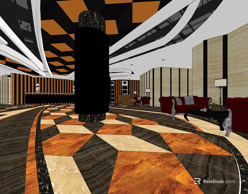 Modern Store Front Desk With Geometric Floor Red Sofa And Black Pillar Ceiling Lights 3d model 