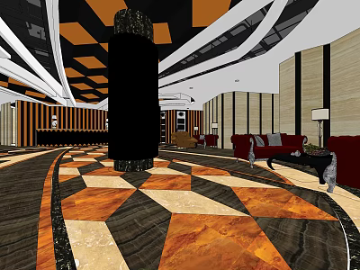 Modern Store Front Desk With Geometric Floor Red Sofa And Black Pillar Ceiling Lights 3d model