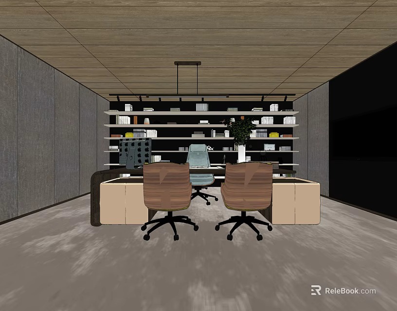 Modern Office Desk Setup With Bookshelf Books Decorative Items And Ergonomic Chairs 3d model 