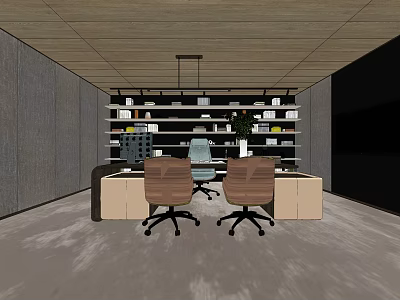 Modern Office Desk Setup With Bookshelf Books Decorative Items And Ergonomic Chairs 3d model
