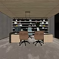 Modern Office Desk Setup With Bookshelf Books Decorative Items And Ergonomic Chairs