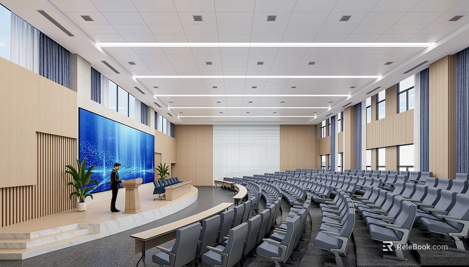 Modern Large Conference Room Interior With Tiered Seats Large Screen Podium And Plants 3d model 