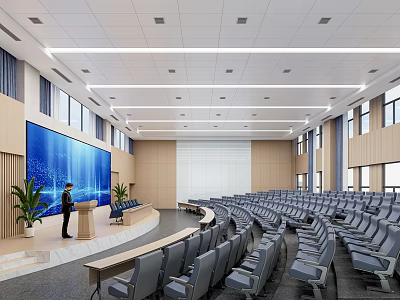 Modern Large Conference Room Interior With Tiered Seats Large Screen Podium And Plants 3d model