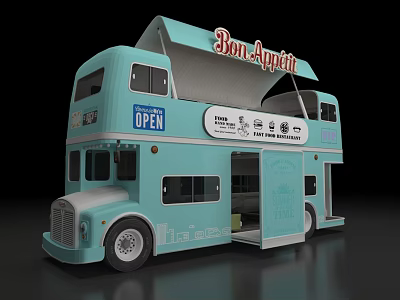 Light Blue Double Decker Bus Turned Food Truck With Bon Appetit Sign Open Door Interior 3d model