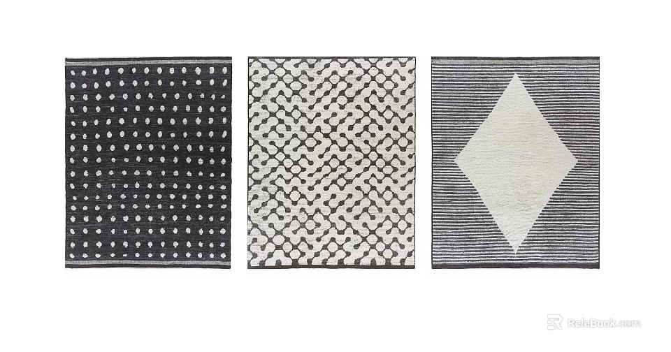 Modern Square Rugs with Three Different Black and White Geometric Polka Dot Diamond Patterns 3d model 