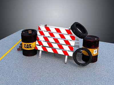 Red And White Striped Road Barricade With Black Danger Barrels And Tires 3d model