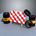 Red And White Striped Road Barricade With Black Danger Barrels And Tires