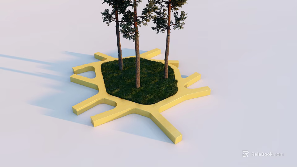 Yellow Irregular Tree Pit Design With Green Grass And Three Trees 3d model 