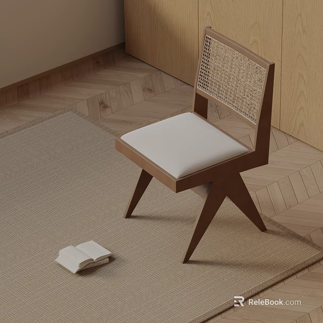 Wooden Dining Chair With Woven Backrest White Padded Seat On Rug And Herringbone Wooden Floor 3d model 