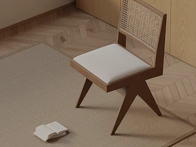 Wooden Dining Chair With Woven Backrest White Padded Seat On Rug And Herringbone Wooden Floor 3d model