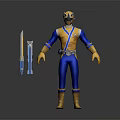 Blue And Yellow Costumed Character With Helmet Holding Two Blue Swords