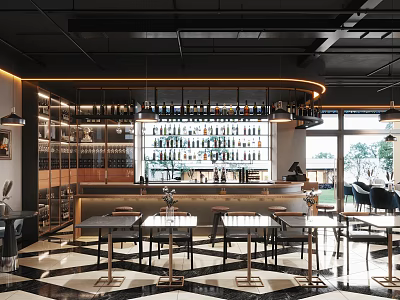 Modern Restaurant Interior With Open Bar Counter Wine Racks Tables And Chairs 3d model