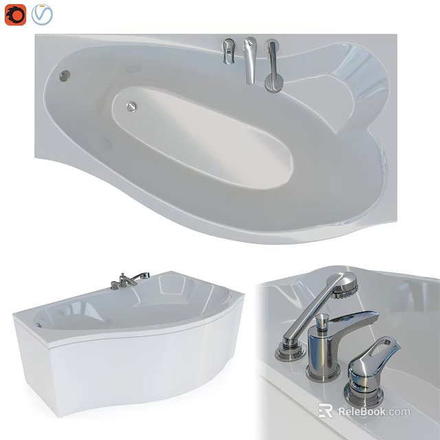 Modern White Bathtub Design With Curved Shape And Chrome Faucet Showerhead 3d model 