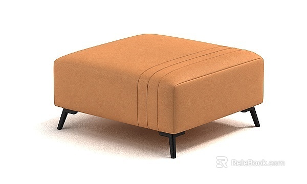 Orange Upholstered Ottoman With Stitched Details And Black Legs For Modern Living Room 3d model 