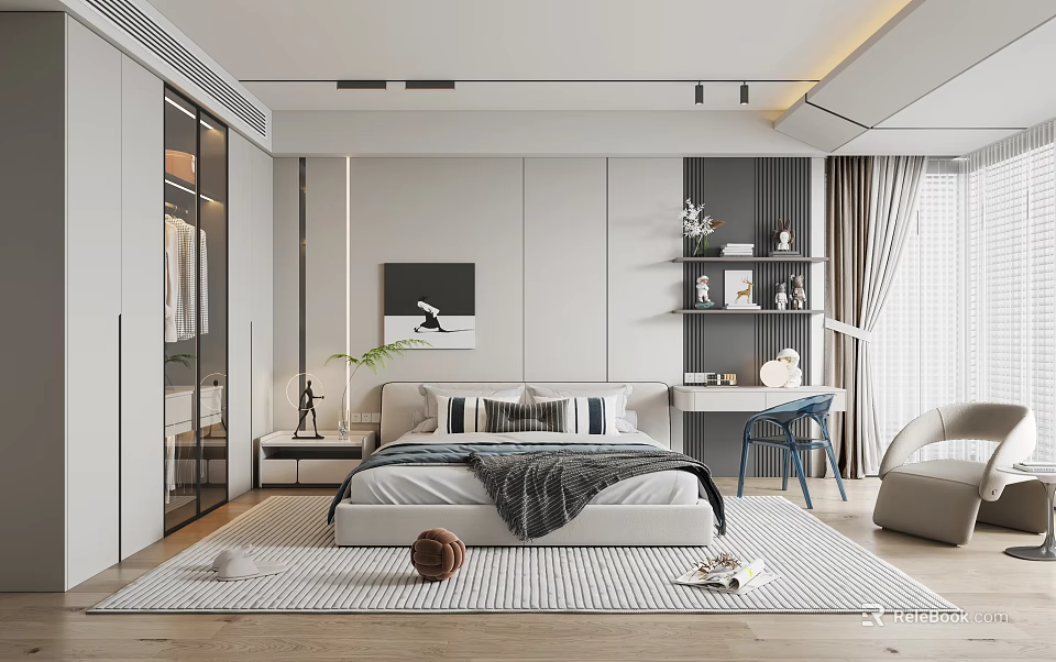 Modern Bedroom Interior With Open Wardrobe Desk Blue Chair Decorative Painting Green Plant And Rug 3d model 