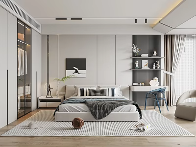 Modern Bedroom Interior With Open Wardrobe Desk Blue Chair Decorative Painting Green Plant And Rug 3d model