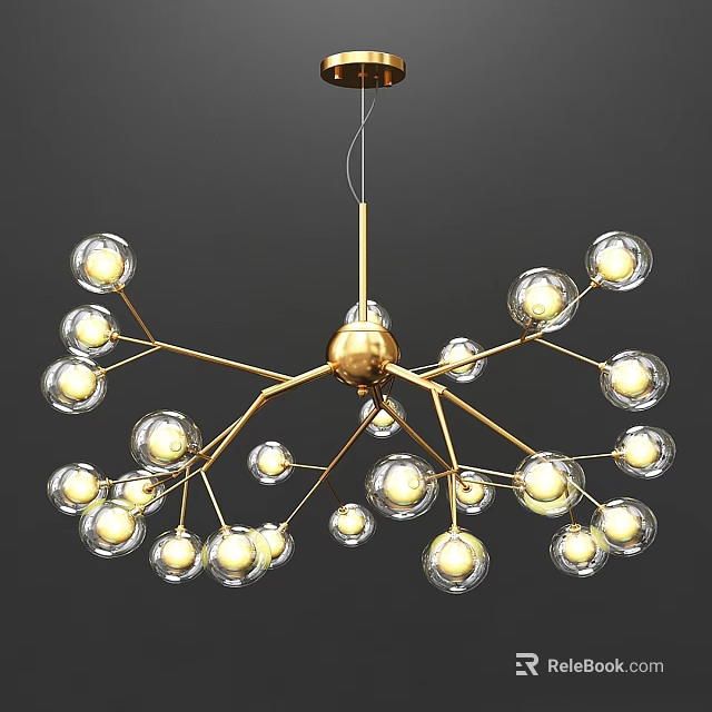Modern Artistic Chandelier With Golden Branches And Transparent Glass Globe Lights 3d model 