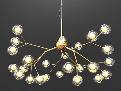 Modern Artistic Chandelier With Golden Branches And Transparent Glass Globe Lights 3d model