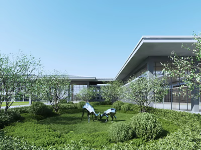 Modern Building Exterior With Glass Windows Sculptures And Green Landscaped Lawn 3d model