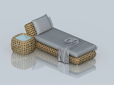 Cozy Rattan Banquette Sofa With Gray Cushion Blanket And Small Round Table 3d model