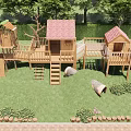 Wooden Children's Play Garden Landscape with Playhouses Slides Stairs Green Grass Trees and Brick Path