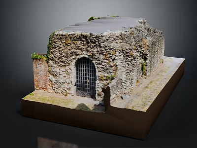 Ancient Stone Building Model With Arch Doorway Iron Grille Gate And Moss Covered Walls 3d model