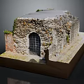 Ancient Stone Building Model With Arch Doorway Iron Grille Gate And Moss Covered Walls