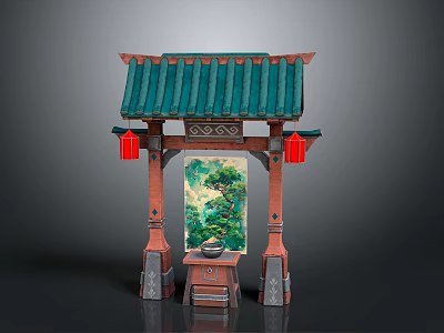 Traditional Chinese Gateway Architecture With Green Tiled Roof Red Lanterns And Central Painting Design 3d model