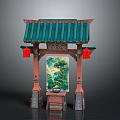 Traditional Chinese Gateway Architecture With Green Tiled Roof Red Lanterns And Central Painting Design