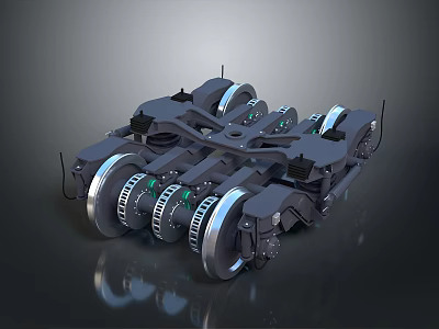 Mechanical Railway Bogie Structure With Metal Frame Wheels And Green Suspension Components 3d model