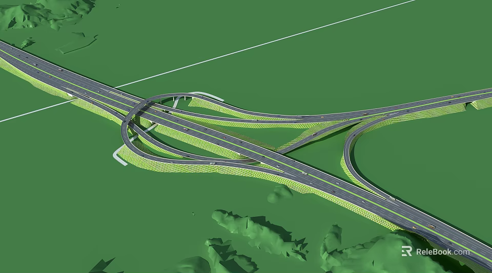 Highway Interchange Bridge with Multiple Roads Intersecting on Green Background and Surrounding Vegetation 3d model