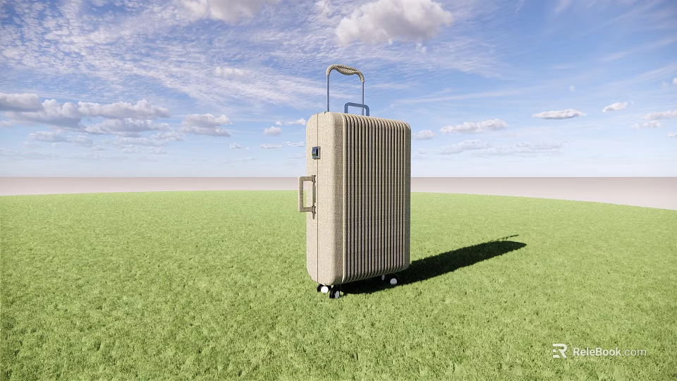 Beige Suitcase on Green Grass with Blue Sky White Clouds and Telescopic Handle Rolling Wheels 3d model 