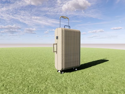 Beige Suitcase on Green Grass with Blue Sky White Clouds and Telescopic Handle Rolling Wheels 3d model