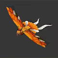 Vibrant Orange And Red Feathered Flying Animal Spreading Wings With White Tail Feathers