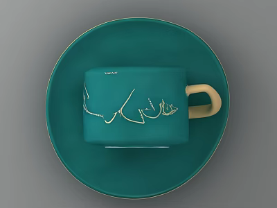 Teal Cup With Golden Pattern And Cream Colored Handle On Saucer 3d model