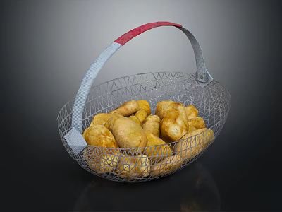 Golden Fried Food Items In Metal Wire Basket With Red Grey Handle 3d model