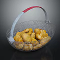 Golden Fried Food Items In Metal Wire Basket With Red Grey Handle