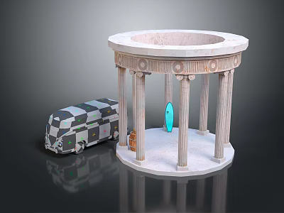 Circular Stone Structure Featuring Columns Checkered Vehicle Blue Surfboard And Brown Object 3d model