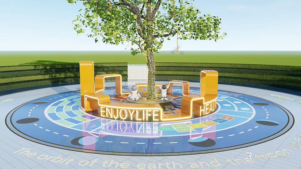 Kids Play Area With Round Design Yellow Structures Tree And Colorful Floor Patterns 3d model 