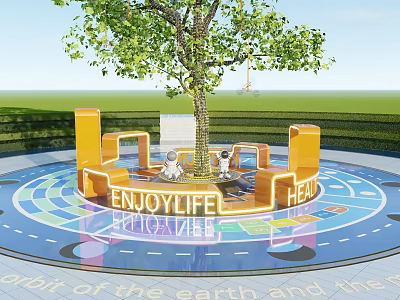 Kids Play Area With Round Design Yellow Structures Tree And Colorful Floor Patterns 3d model