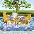 Kids Play Area With Round Design Yellow Structures Tree And Colorful Floor Patterns 3d model