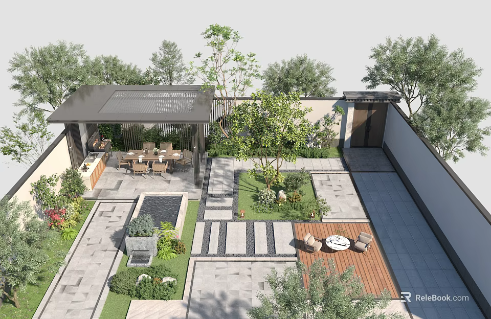Serene Courtyard Garden Design Featuring Covered Pavilion Dining Area Stone Pathways And Greenery 3d model 