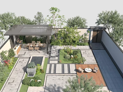 Serene Courtyard Garden Design Featuring Covered Pavilion Dining Area Stone Pathways And Greenery 3d model