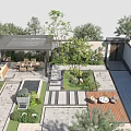 Serene Courtyard Garden Design Featuring Covered Pavilion Dining Area Stone Pathways And Greenery