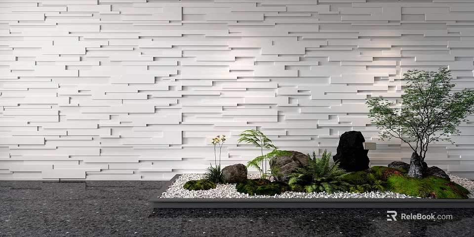 Modern White Textured Wall Panel Design With Decorative Stones And Green Plants 3d model 