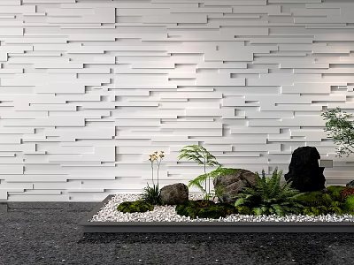 Modern White Textured Wall Panel Design With Decorative Stones And Green Plants 3d model