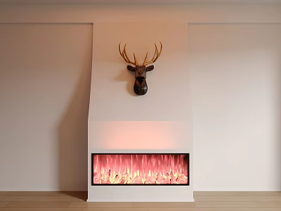 Modern Fireplace Interior With Deer Head Mount Burning Flames And Minimalist Design 3d model
