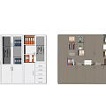 Modern White And Wooden Bookcase Design With Glass Doors Drawers And Shelves