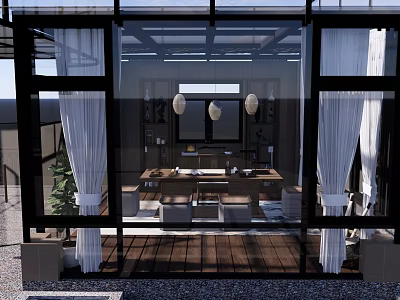Elegant Villa Balcony With Glass Structure White Curtains Pendant Lights Wooden Flooring And Seating Area 3d model